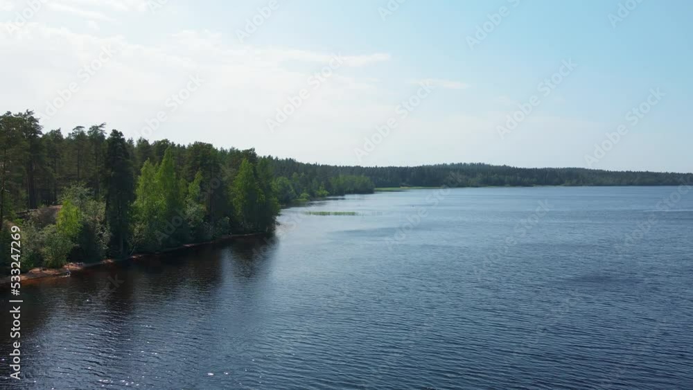 Drone with a camera flies over the Big Simaginsky Lake along the shore covered with dense forest, Leningrad region, view from height. Beautiful panoramic landscape. Drone with a camera flies over the Big Simaginsky Lake along the shore covered with dense forest, Leningrad region, view from height. Beautiful panoramic landscape.