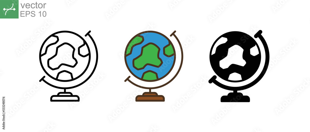 Travel the world with your fingertips using world globe as complete map of world, representing earth planet. Geography school earth globe icon. Vector illustration. Design on white background. EPS 10