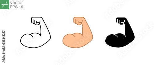 Train your biceps muscle to get best arm. Perfect biceps muscle. Muscular man flexing his biceps. Fitness concept. Flexed bicep strong icon. Vector illustration. Design on white background. EPS 10.