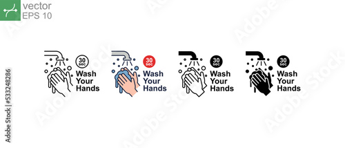Wash your hands every 30 seconds or as often as possible with soap under running water. Hand washing with soap and watering, wash your hands icon. Vector illustration.Design on white background.EPS 10