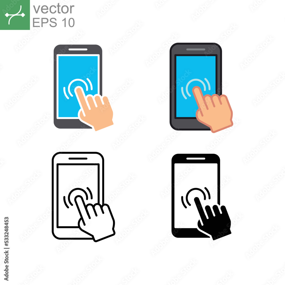 Mobile phone with forefinger touches screen. Hand pointer, Finger touching in smartphone. Smartphone screen with hand. Touch screen icon. Vector illustration. Design on white background. EPS 10 Mobile phone with forefinger touches screen. Hand pointer, Finger touching in smartphone. Smartphone screen with hand. Touch screen icon. Vector illustration. Design on white background. EPS 10