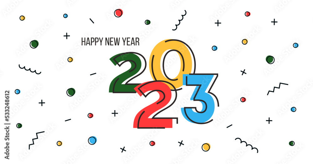 Happy New Year 2023. Web banner in flat abstract design with numbers. Memphis geometric horizontal poster for Xmas eve celebration with confetti. Vector flat style illustration. Happy New Year 2023. Web banner in flat abstract design with numbers. Memphis geometric horizontal poster for Xmas eve celebration with confetti. Vector flat style illustration.