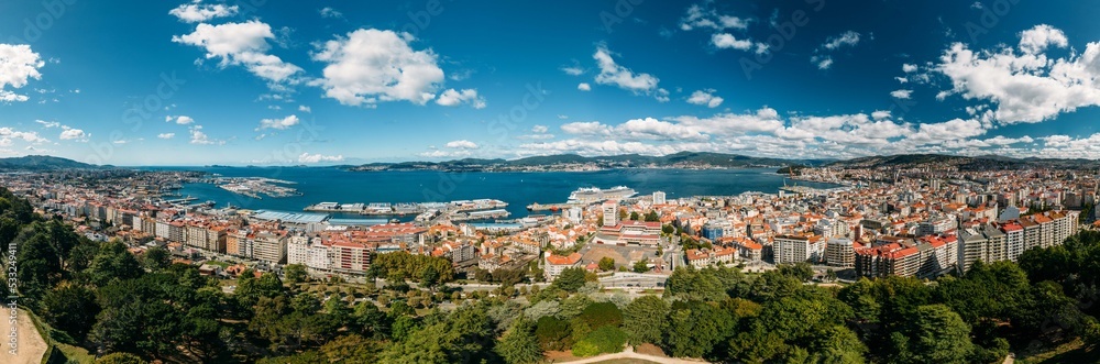 High perspective panorama of Vigo, Spain on a sunny day
