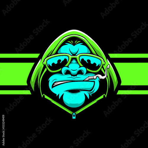 Blue smoking gorilla esport gaming mascot logo illustration