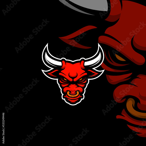 Red bull head esport gaming mascot logo illustration