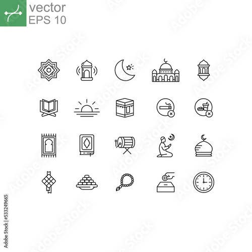 Ramadan Kareem signage and symbols. Fasting month, The holy month, Eid al-fitr mubarak. Islamic ramadan icon set, thin line icon. Vector illustration. Design on white background. EPS 10