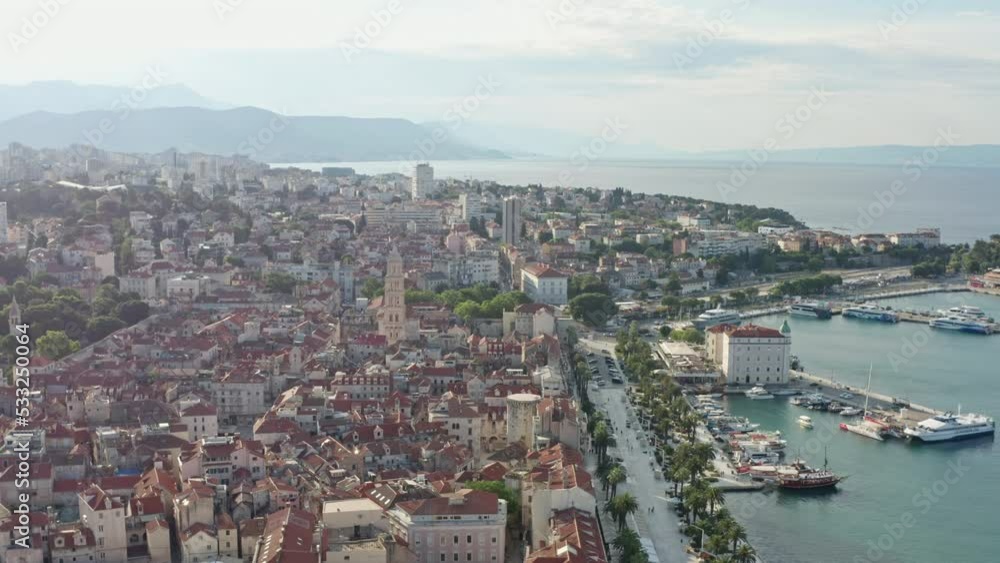 Aerial view Split Croatia. Urban landscape of the old town with the embankment of historic houses and streets on the seashore. High quality 4k footage Aerial view Split Croatia. Urban landscape of the old town with the embankment of historic houses and streets on the seashore. High quality 4k footage