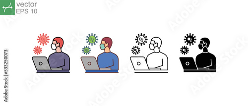 Man who is working using leptop, part of working from home,use medical mask as preventative way in coronavirus pandemic.Shelter in place concept, corona virus outbreak icon.Vector illustration. EPS10