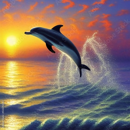 Dolphin Jumping Out of the Waves at Sunset