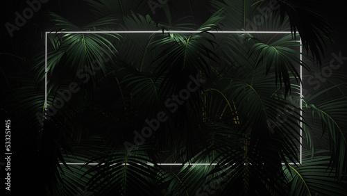Tropical Leaves Illuminated with White Fluorescent Light. Jungle Environment with Rectangle shaped Neon Frame. photo