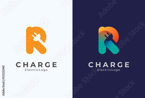 Letter R Electric Plug Logo, Letter R and Plug combination with two colour style, flat design logo template, vector illustration