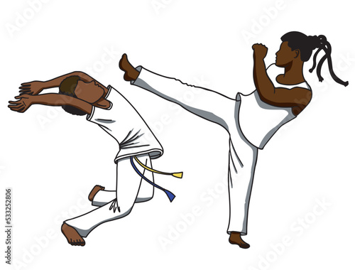Two Brazilians guys are playing capoeira. This is the best known Brazilian sport in the world. Editable vector set on white background.