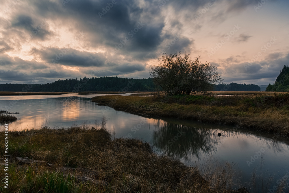 Moody sky reflection in water in twilight. Willapa National Wildlife Refuge, Washington, USA Moody sky reflection in water in twilight. Willapa National Wildlife Refuge, Washington, USA