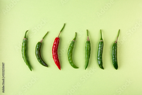 green and red chillies arranged on grainy textured light green background, ripe and unripe common vegetable used for their spicy taste, taken from above with copy space
