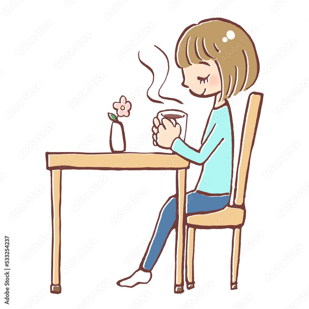 カップを持ってリラックスしている女性のイラスト カップを持ってリラックスしている女性のイラスト