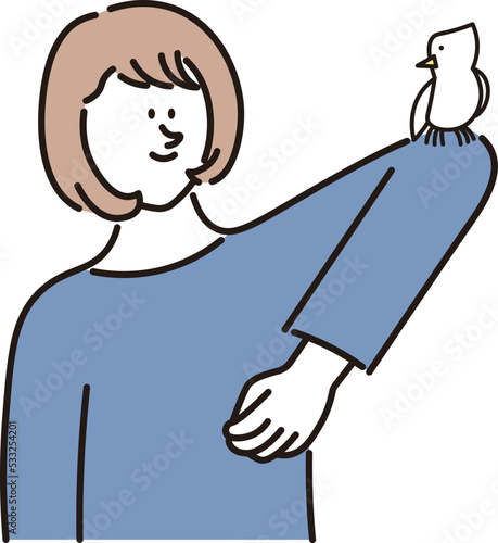 女性の飼い主の肘の上に止まるペットの白い小鳥のイラスト素材