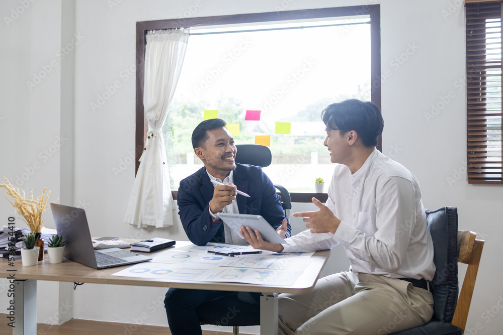 Two Business working at office with documents on desk, meeting to planning analyzing the financial report, business plan investment, finance analysis concept