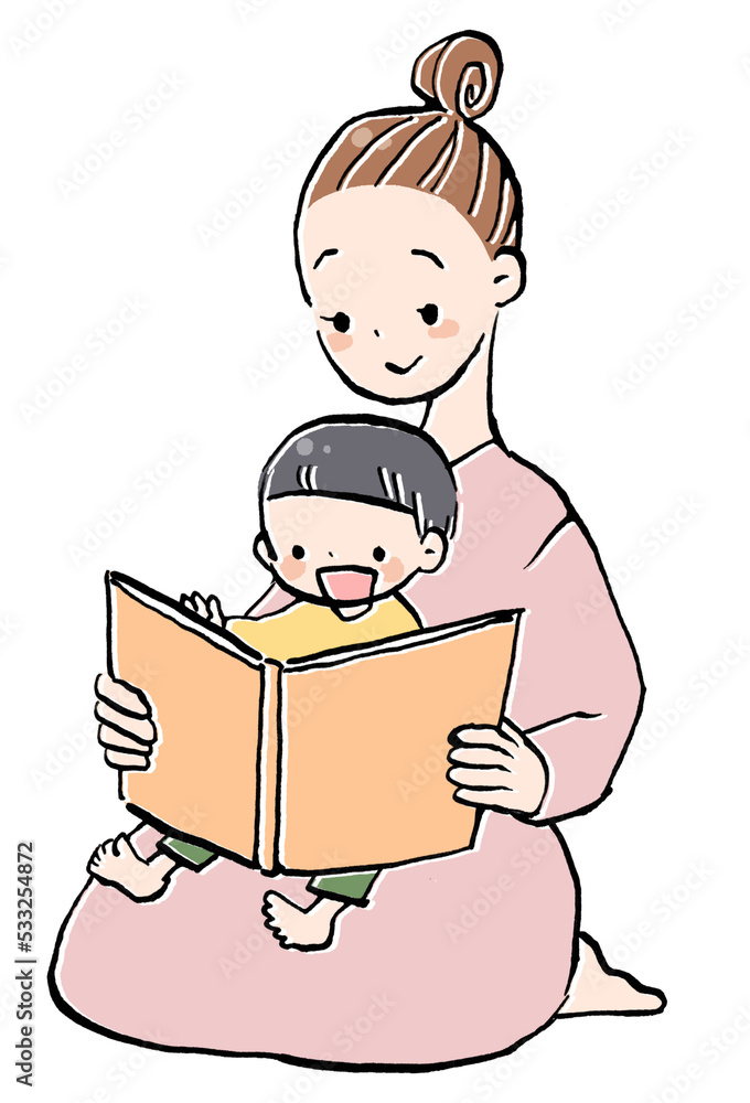 絵本の読み聞かせをしているお母さんと男の子のイラスト