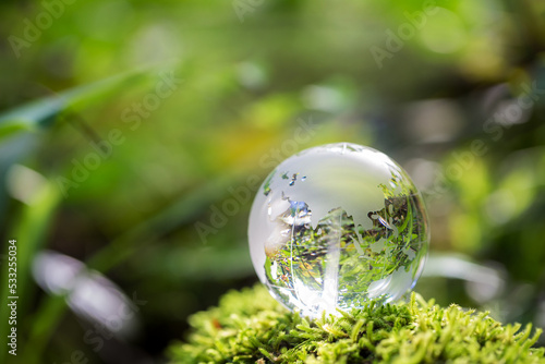 Globe planet glass In green forest with bokeh nature lights. world environment day. concept for environment conservation  protect ecology earth and environmental eco-friendly life with copy space