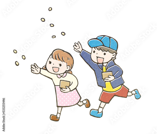 節分の日に豆を投げる男の子と女の子のイラスト