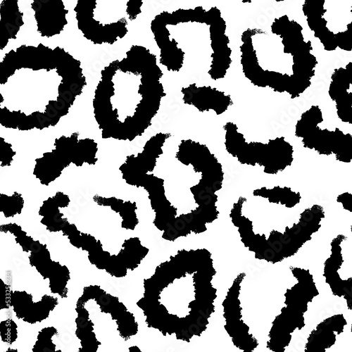 Hand drawn seamless pattern of black white leopard animal fabric print. Wild cheetah textile texture, abstract modern fur design, nature jungle jaguar background.