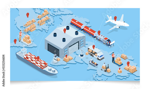 3D isometric Global logistics network concept with Transportation operation service, Export, Import, Cargo, Air, Road, Maritime delivery. Vector illustration EPS 10