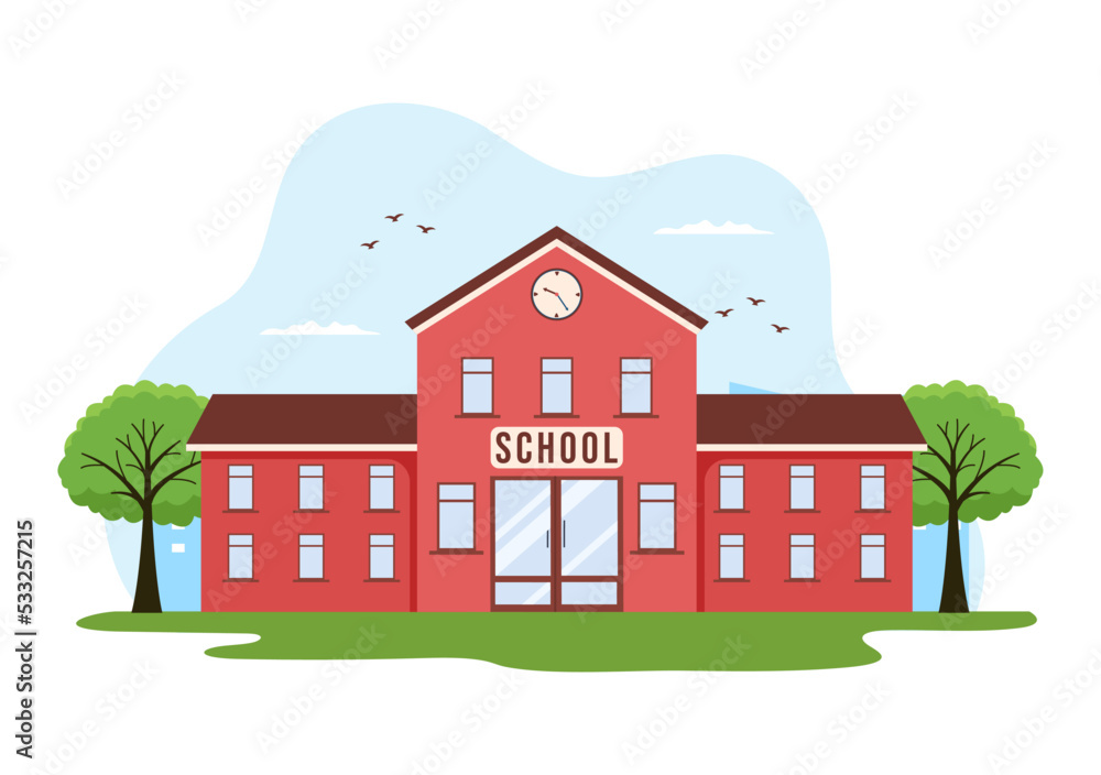 Primary School with Building Structure and Eksterior in Template Hand Drawn Cartoon Flat Illustration