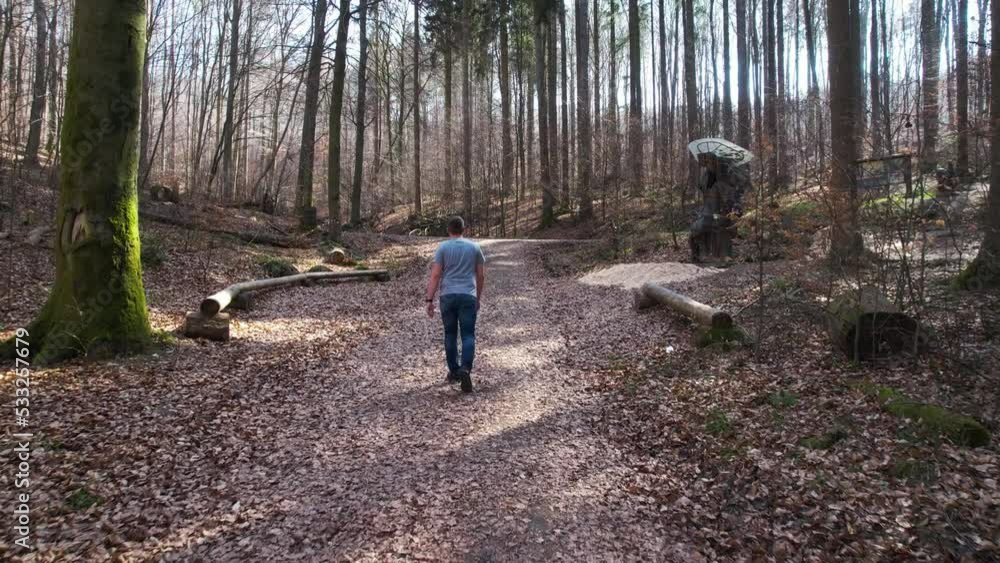Aerial view following a man walking in sunny, spring forest of Germany - rising, drone shot Aerial view following a man walking in sunny, spring forest of Germany - rising, drone shot