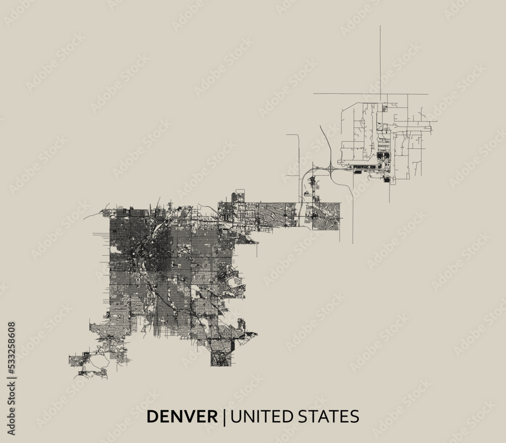 Denver (Colorado, United States) street map outline for poster.