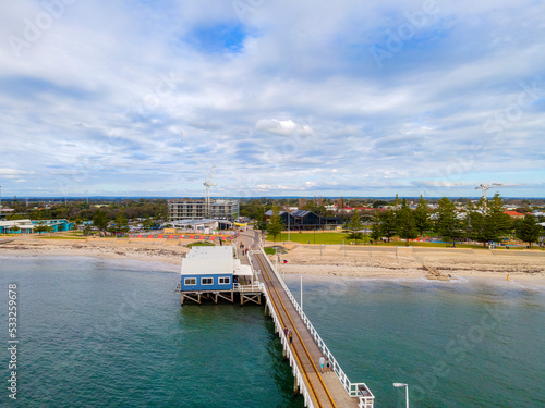 Aerial view of Busselton Jetty the longest timber-piled jetty in the southern hemisphere at 1,841 metres long.