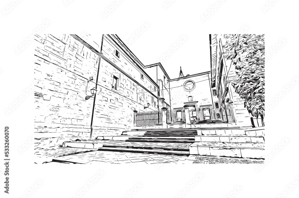 Building view with landmark of Oviedo is a town in northwest Spain. Hand drawn sketch illustration in vector. Building view with landmark of Oviedo is a town in northwest Spain. Hand drawn sketch illustration in vector.