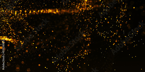 Gold Particle Glitter Luxury Background. Falling gold confetti with magic light. Gold particles glisten in the air