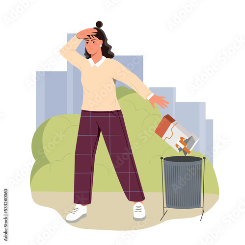 Quit cigarettes concept. Young girl throws away packaging in trash can. Healthy lifestyle and fight against bad habits. Refusal of nicotine and tobacco metaphor. Cartoon flat vector illustration