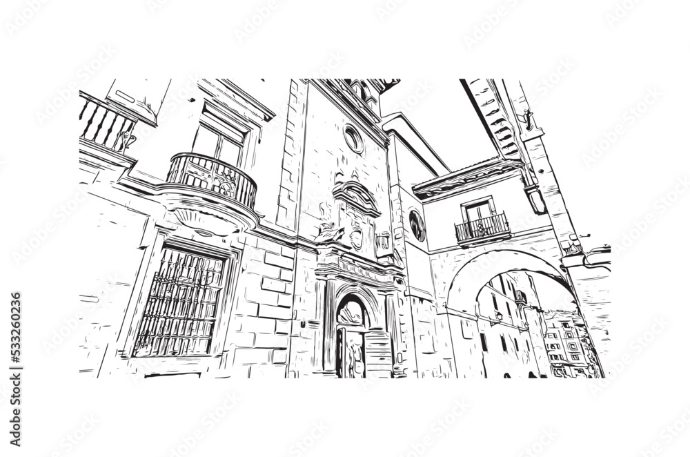 Building view with landmark of Oviedo is a town in northwest Spain. Hand drawn sketch illustration in vector.
