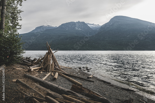 Shore of Slocan lake and gorgeous view on mountains.