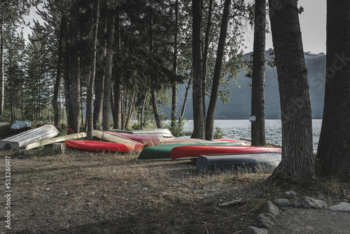 Kayaks beyond the trees on the shore of  Slocan lake. © Valerii Konchin