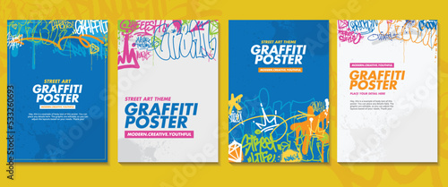 Modern graffiti art poster or flyer design with colorful tags, throw up. Hand-drawn abstract graffiti illustration vector in street art theme