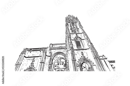 Building view with landmark of Oviedo is a town in northwest Spain. Hand drawn sketch illustration in vector.