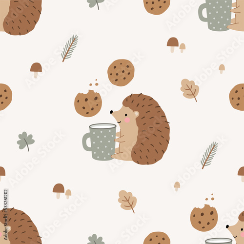 Cute cartoon hedgehog in forest vector print in flat style. Cute childish character, leaves, cones, mushrooms. Hedgehog eats cookies and drinks milk - seamless pattern