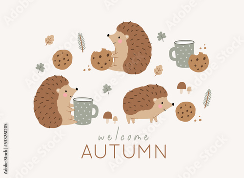 Cute cartoon hedgehog in forest vector print in flat style. Cute childish character, leaves, cones, mushrooms. Hedgehog eats cookies and drinks milk