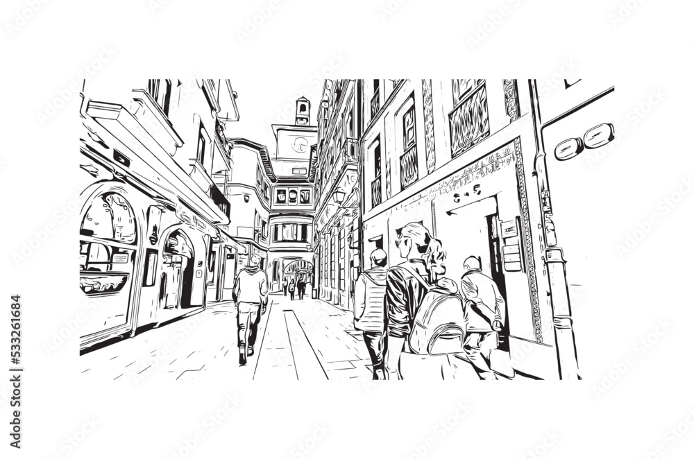 Obraz premium Building view with landmark of Oviedo is a town in northwest Spain. Hand drawn sketch illustration in vector.