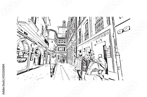 Building view with landmark of Oviedo is a town in northwest Spain. Hand drawn sketch illustration in vector.