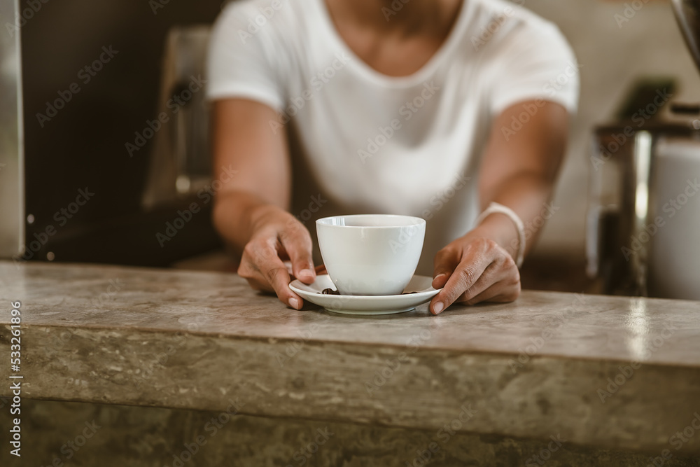 Barista serving a coffee to customer at the coffee shop. Barista serving a coffee to customer at the coffee shop.