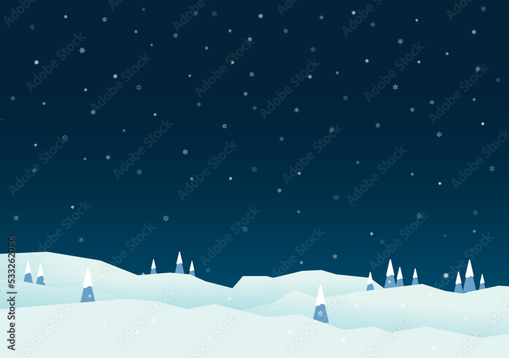 Christmas landscape. Night of winter hills and pines landscape background with snowfall.