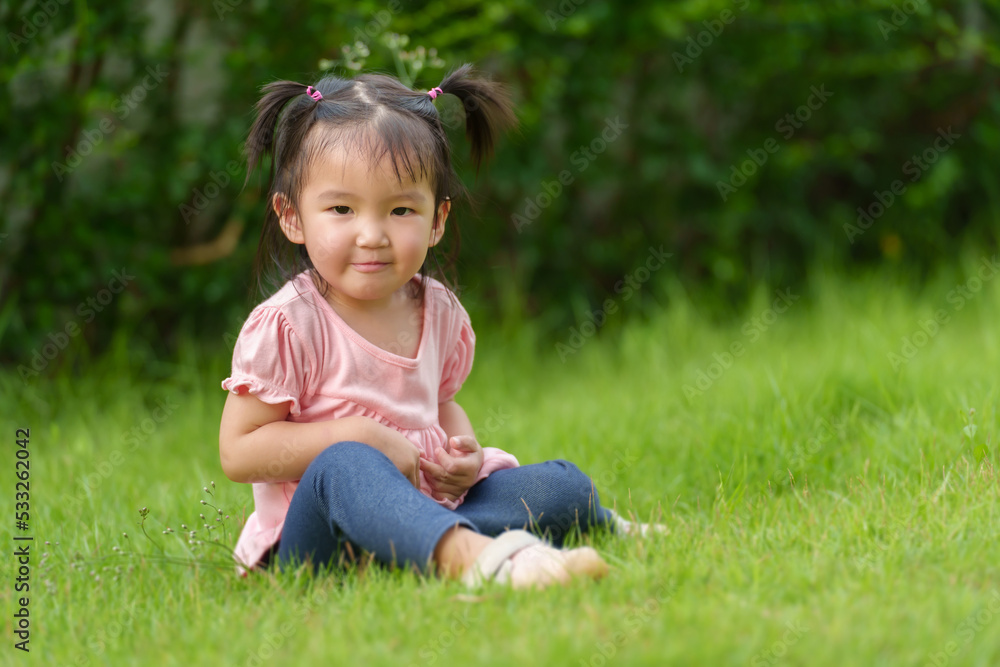 happy toddler girl sitting in field happy toddler girl sitting in field