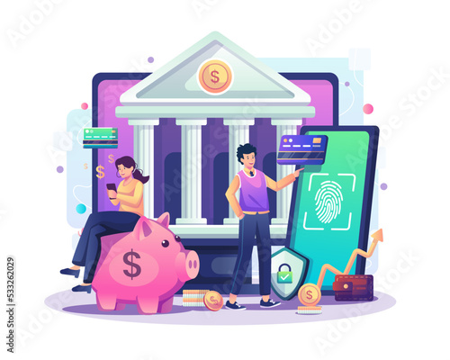 Online banking and Mobile payment concept. People do digital money transfers using a computer and smartphone online applications. Vector illustration in flat style
