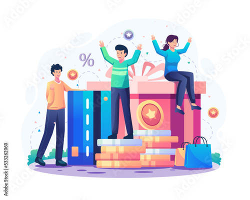 Online reward concept. Happy people get online rewards, gifts, discounts, and bonus points from the Loyalty marketing program. Vector illustration in flat style