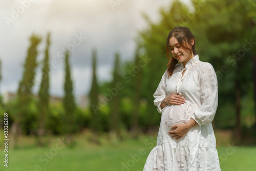 beautiful pregnant woman looking and stroking her belly in the park