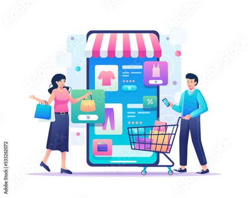 Mobile shopping concept. A man and a woman buy things in the online store through a big smartphone. E-Commerce and Online Shopping. Vector illustration in flat style