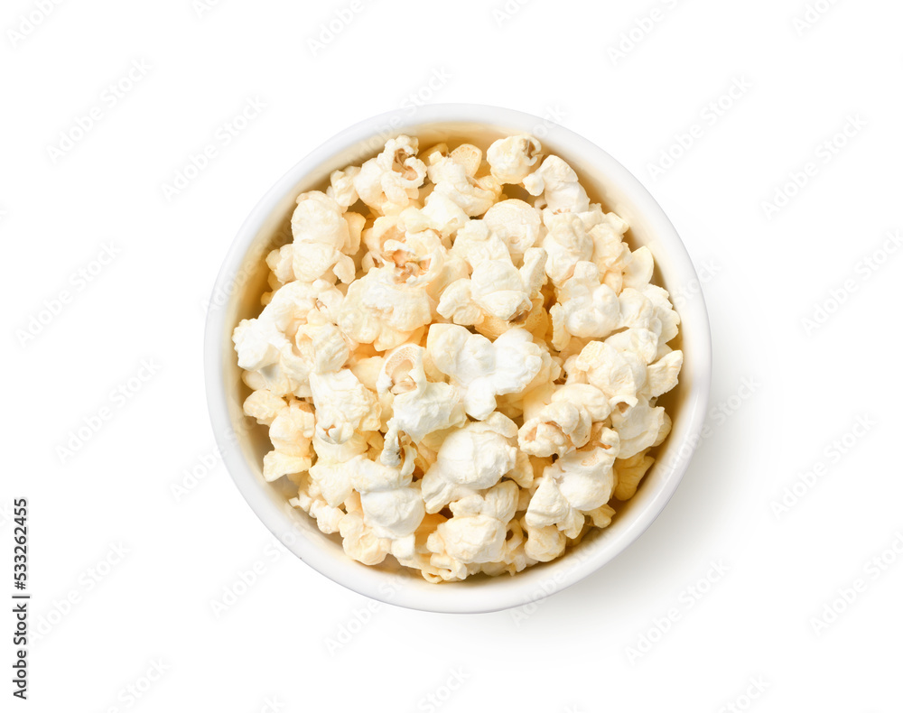 Popcorn in white bowl isolated on white background. Clipping path. Popcorn in white bowl isolated on white background. Clipping path.